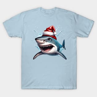 Santa Jaws Christmas Shark Cartoon Art T-Shirt